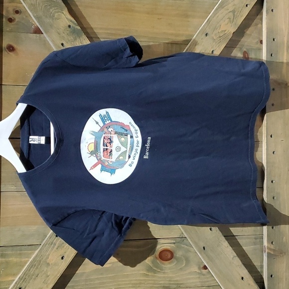 VINTAGE BLUE BARCELONA DE VIAJE POR ESPANA VOLKSWAGEN BUS TSHIRT SIZE XL VW - Picture 1 of 5